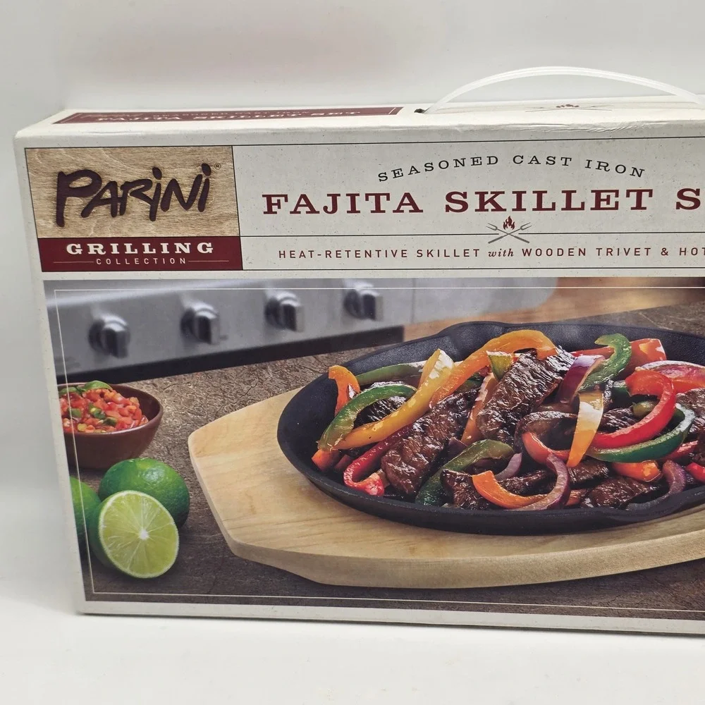 Parini Fajita Skillet‎ Set Unisex Black Cast Iron 3pc Grilling Set New In Box